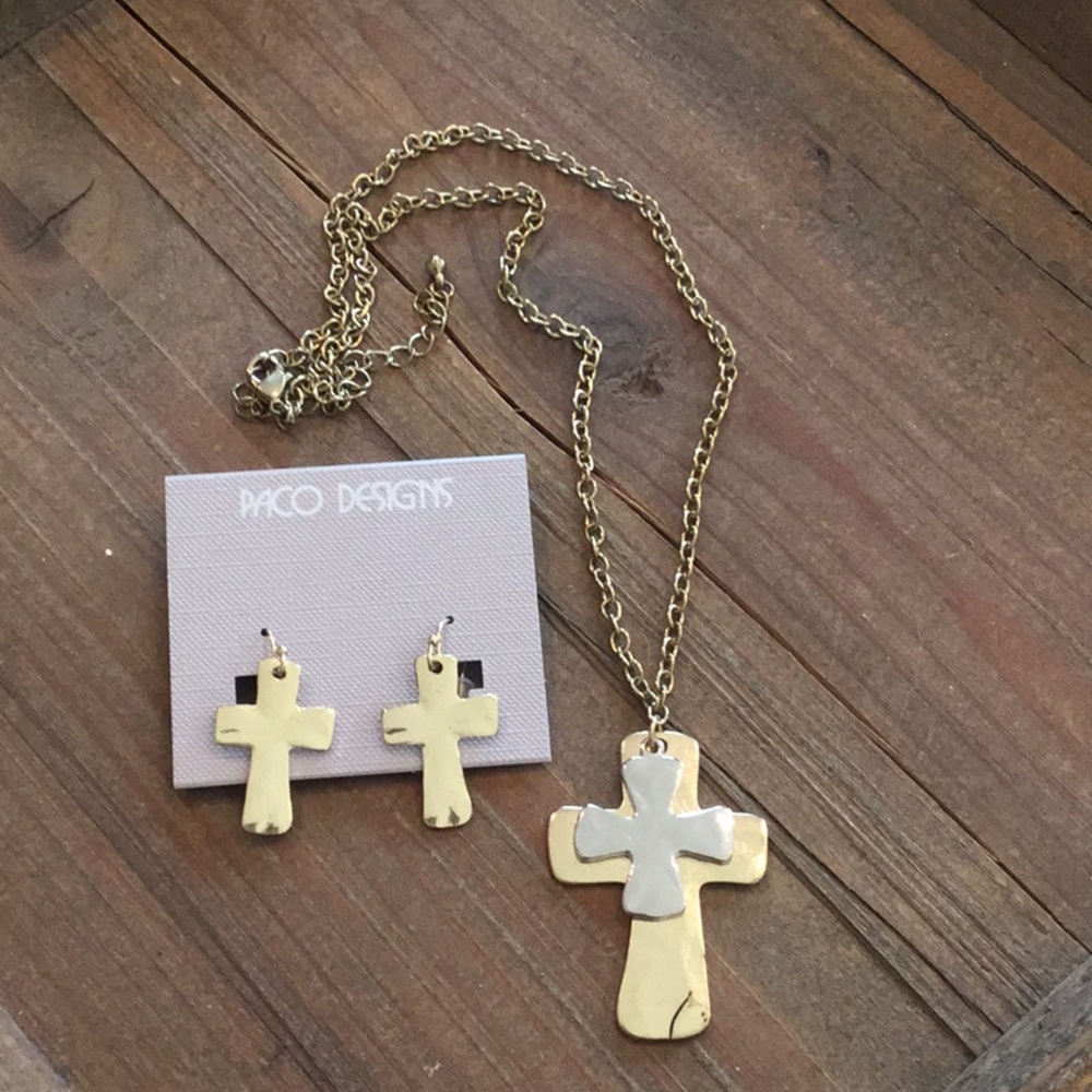 Gold Cross necklace and Earring Set